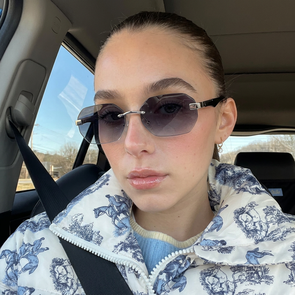 Atlantic Silver Black Purple Gradient rimless polygon sunglasses on model