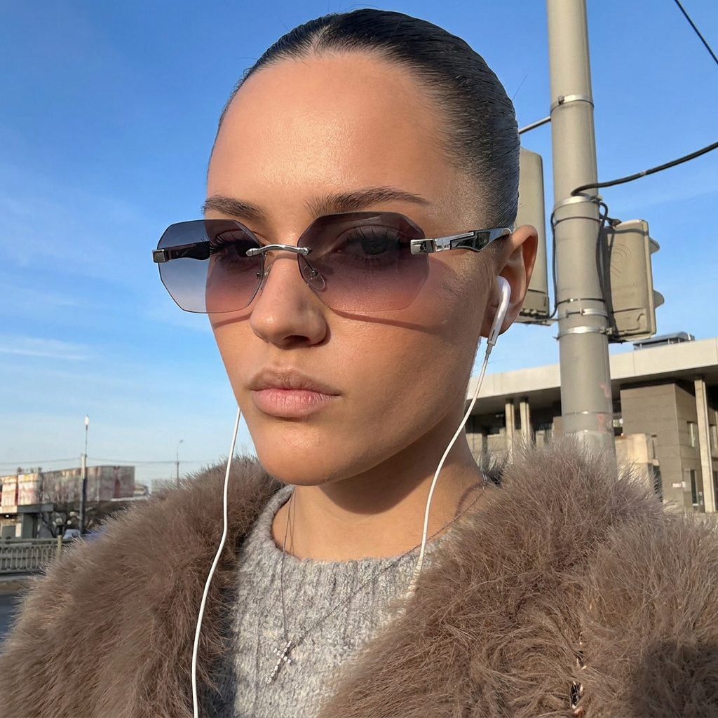 Atlantic Silver Blue Gradient rimless polygon sunglasses on model