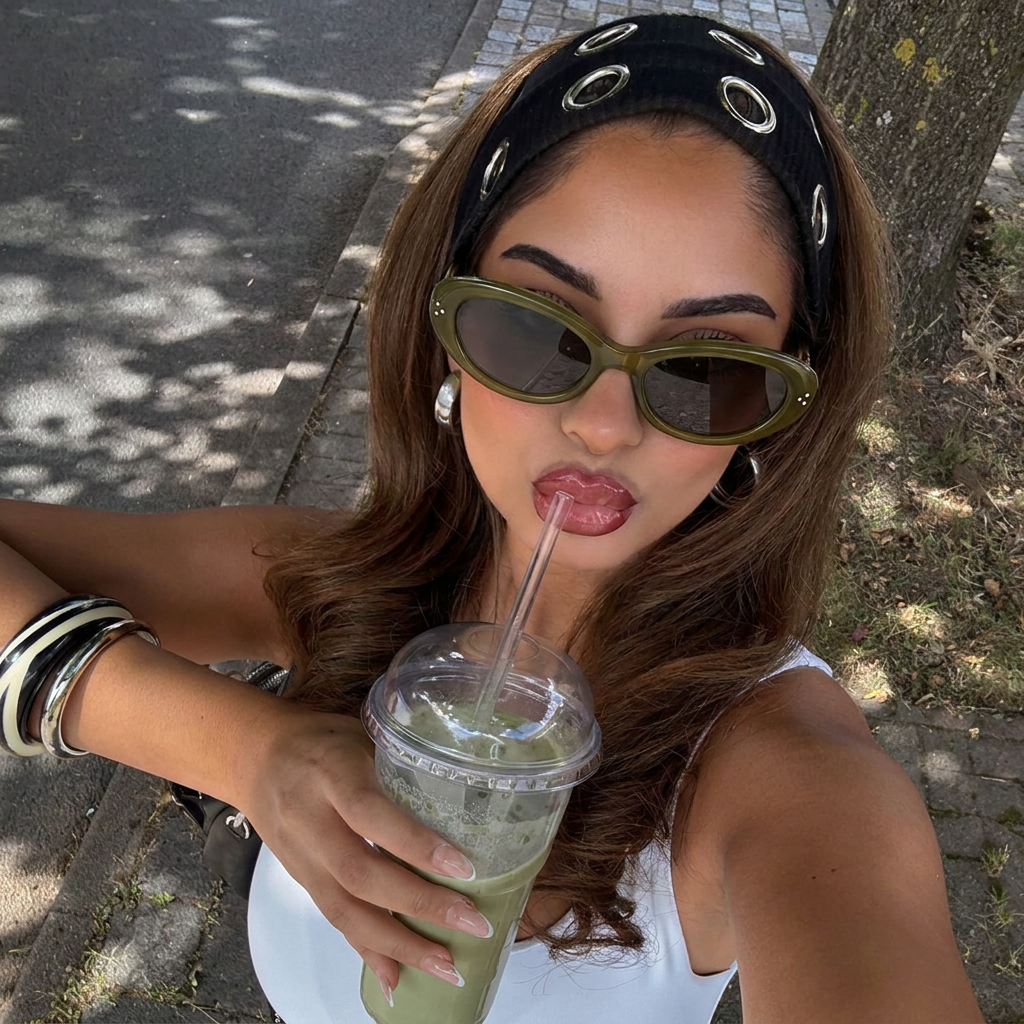 Azure Olive Green Smoke cat-eye sunglasses on model