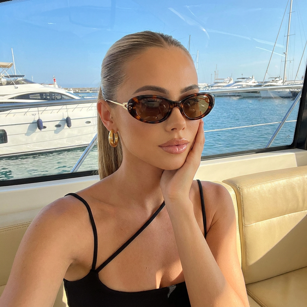 Azure Tortoise Brown cat-eye sunglasses on model