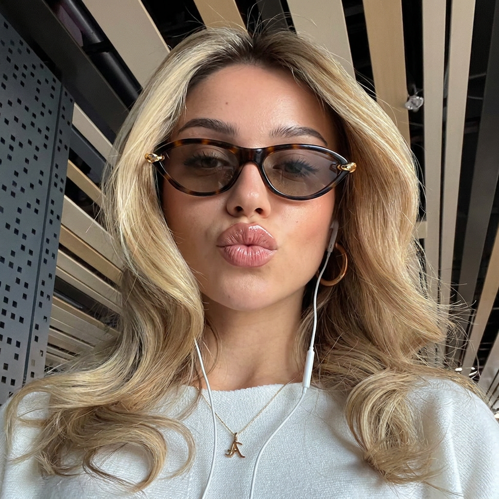 Azure Tortoise Smoke cat-eye sunglasses on model
