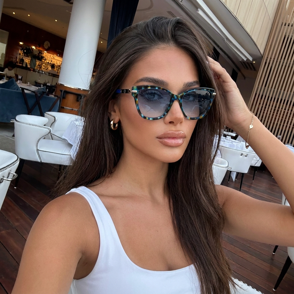 Bay Blue Green Gold Gradient cat-eye sunglasses on model
