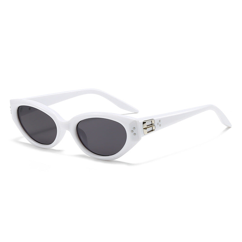 Celeste cat eye sunglasses with white frame and smoke lenses