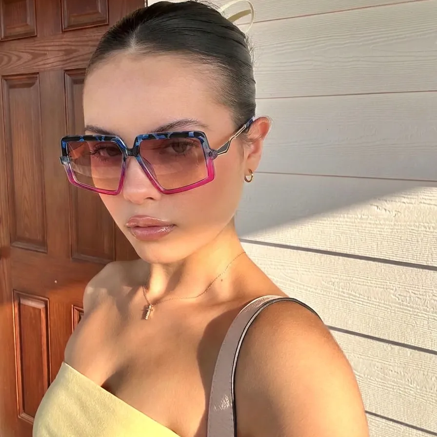 Chaos Blue Pink Gradient geometric square sunglasses on model