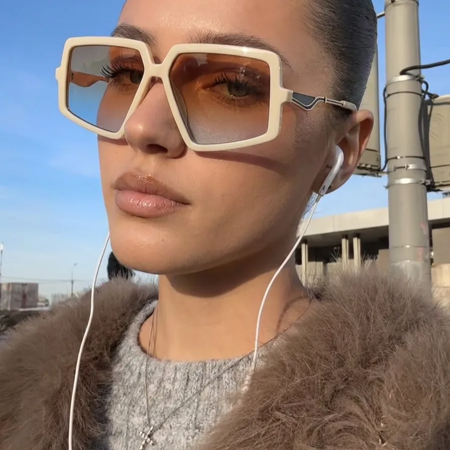 Chaos Cream Blue geometric square sunglasses on model