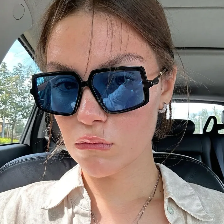 Chaos Blue Green Yellow geometric square sunglasses on model