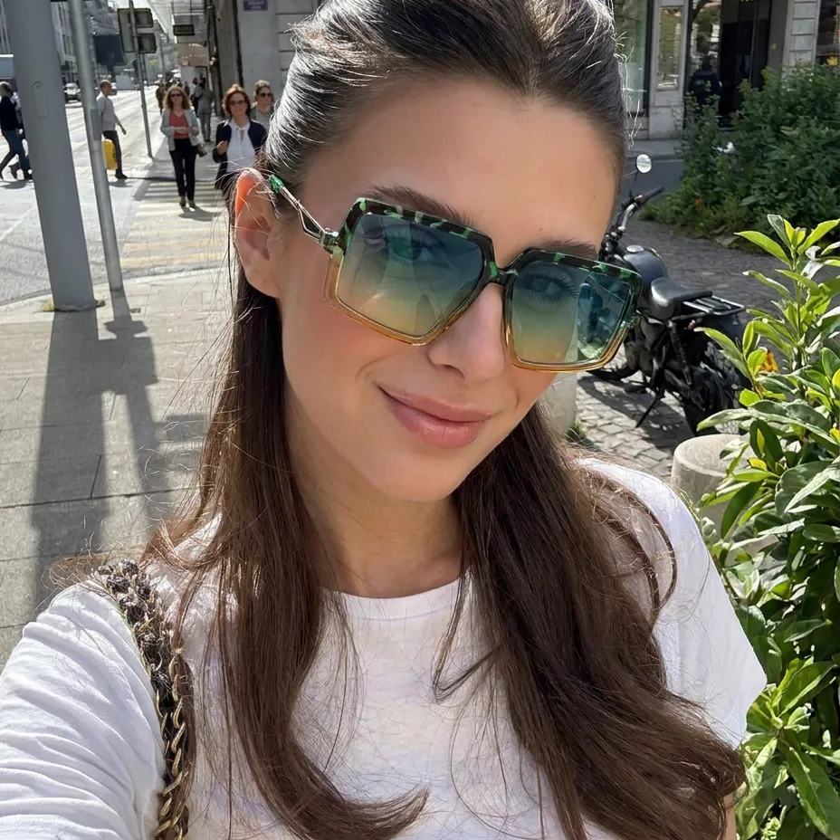 Chaos Green Yellow Gradient geometric square sunglasses on model