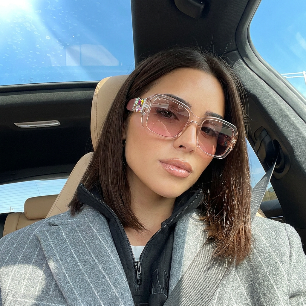 Crest Clear Pink square sunglasses on model