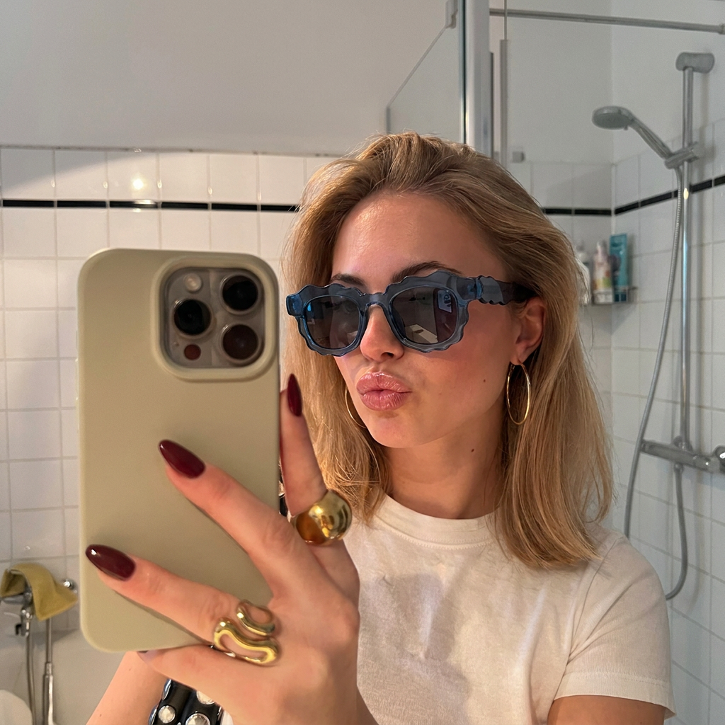 Dune Blue wavy square sunglasses lifestyle view