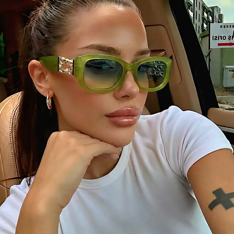 Ghost Green Blue flat rectangle sunglasses on model