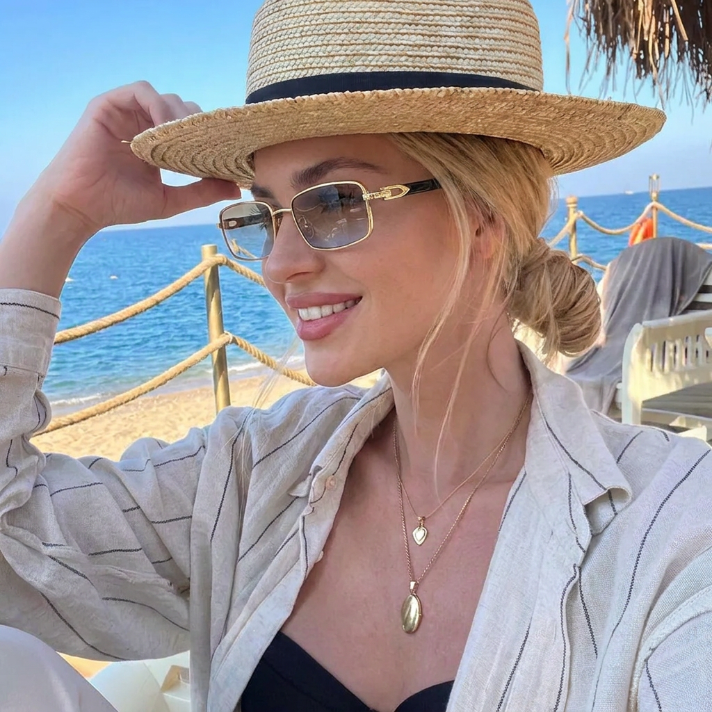 Helios Gold Tortoise rectangle sunglasses lifestyle view