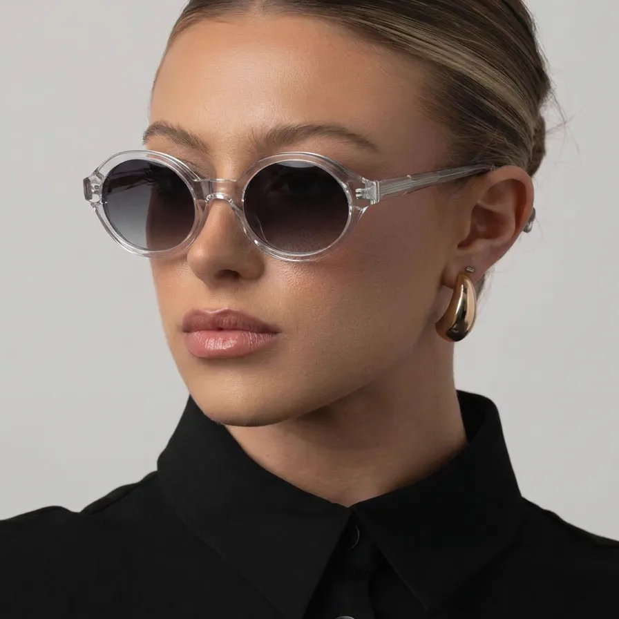 Hush Clear Smoke round sunglasses on model