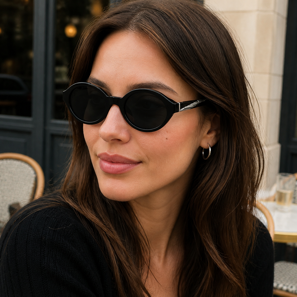 Hush Black Smoke round sunglasses on model