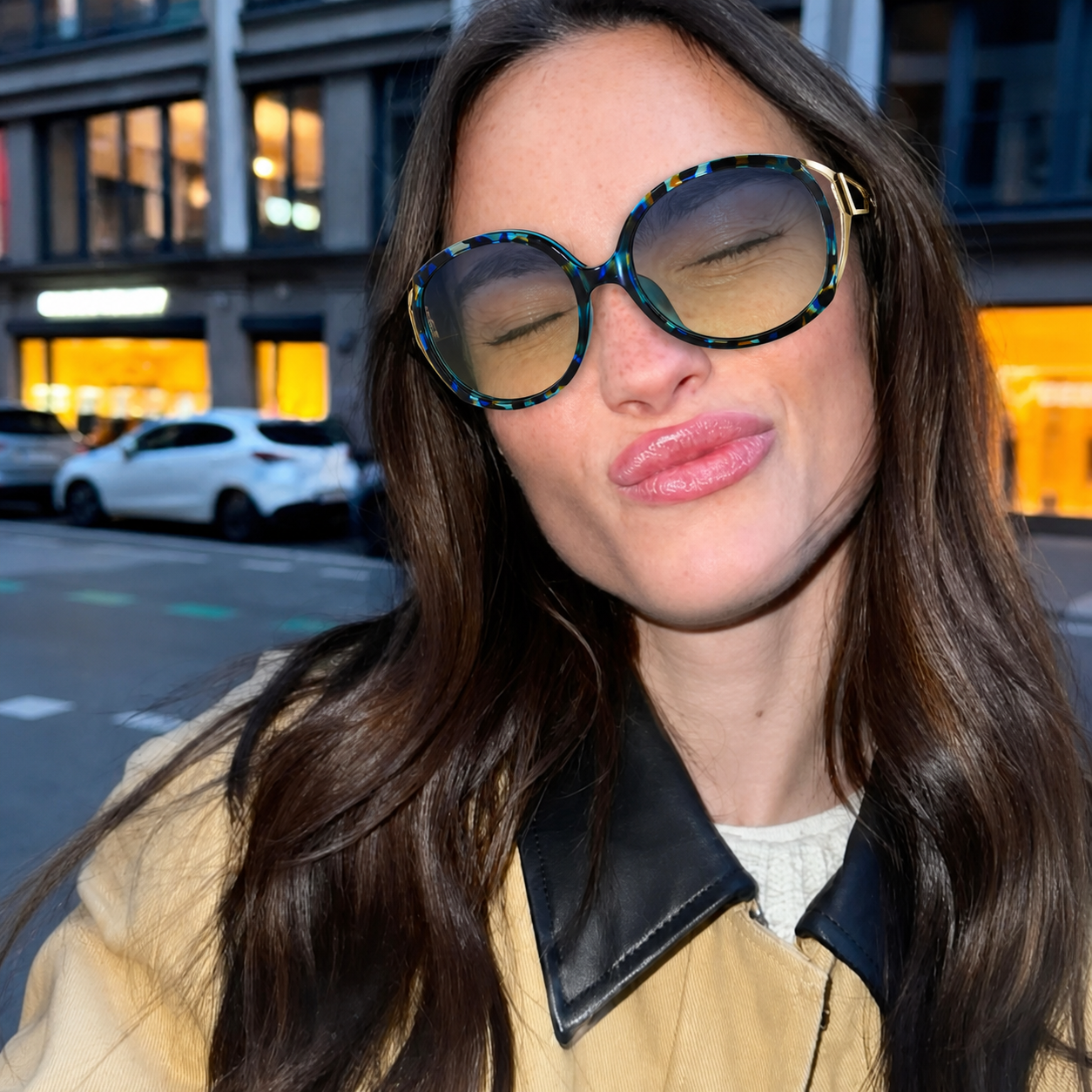 Ignis Blue Green Gradient geometric round sunglasses on model
