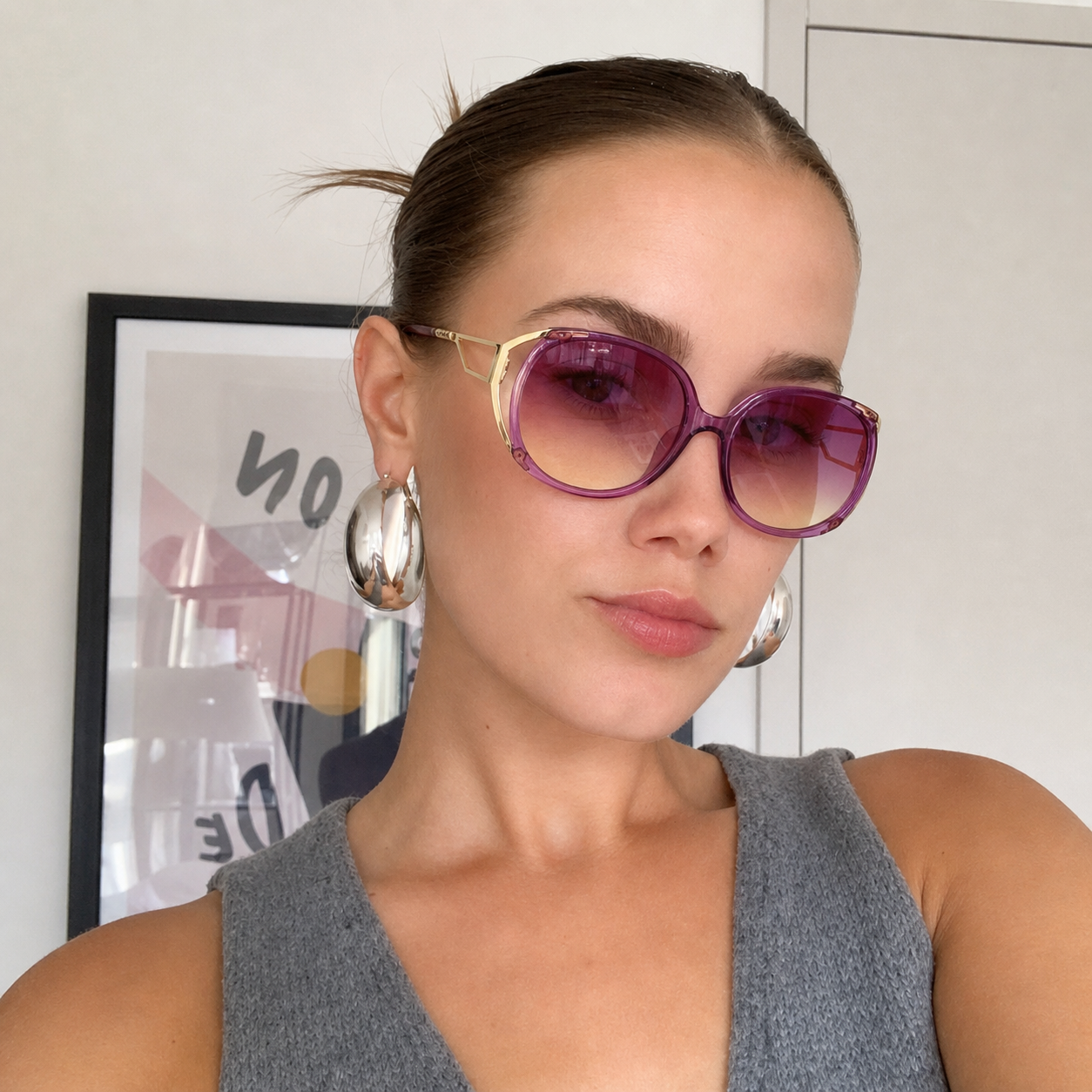 Ignis Clear Purple Gradient geometric round sunglasses on model