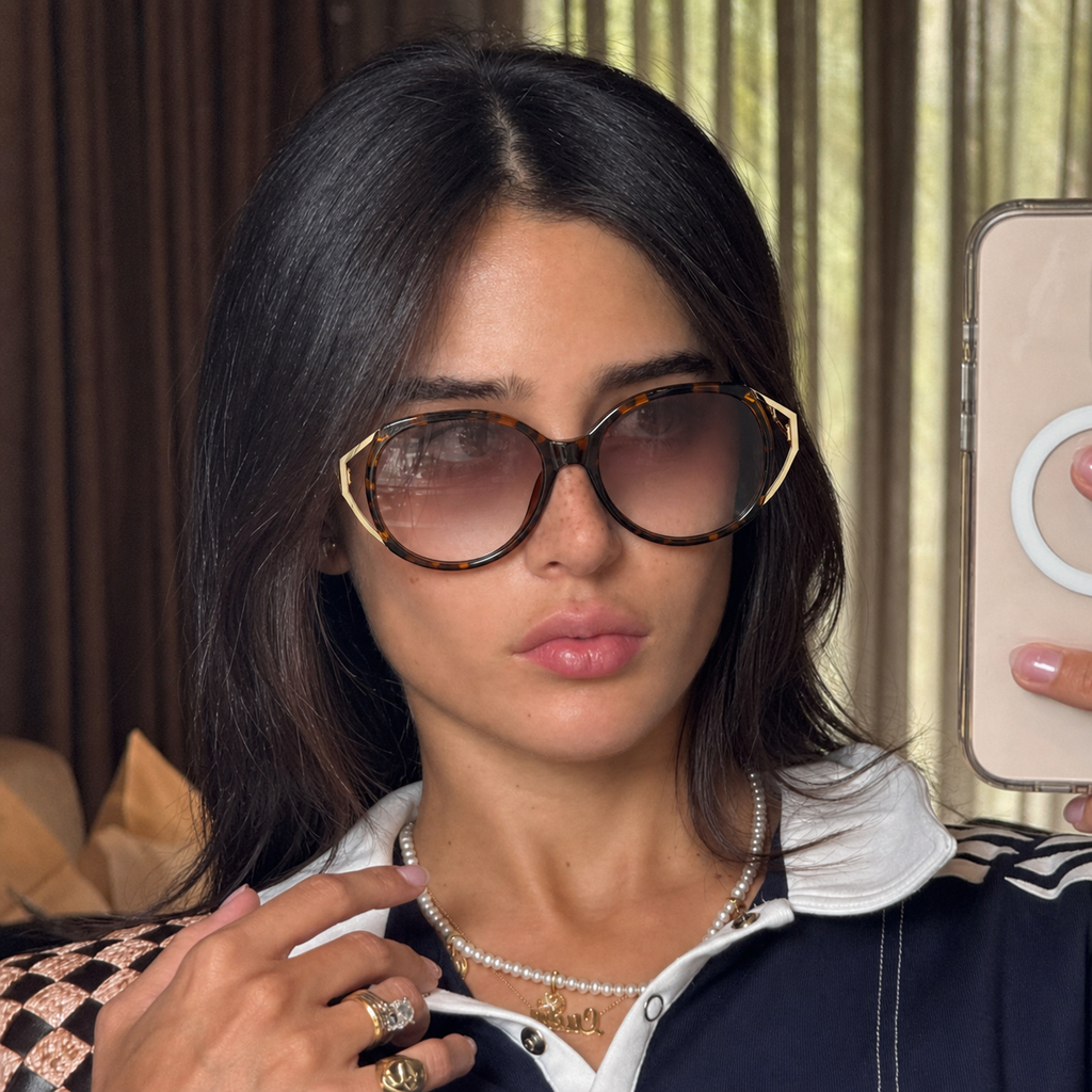 Ignis Tortoise Rose Gradient geometric round sunglasses on model