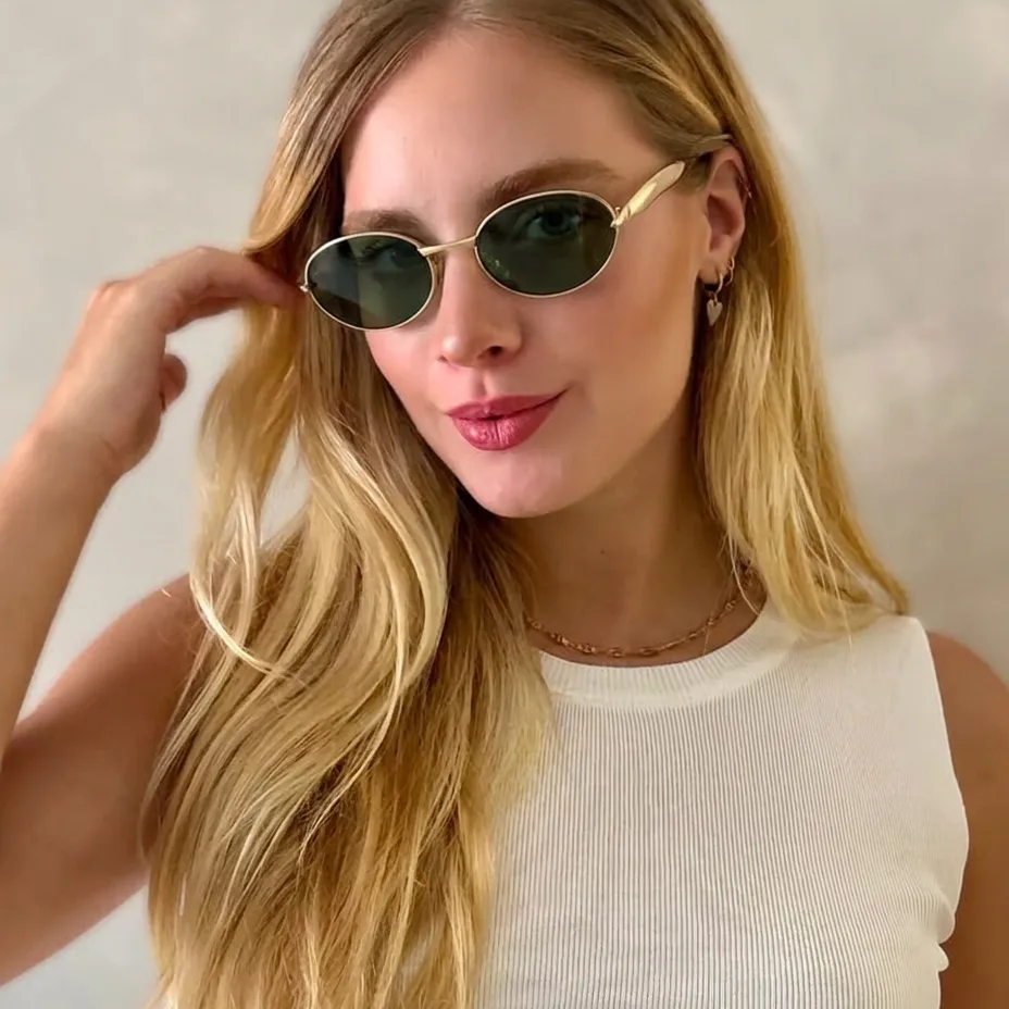 Kael Gold Green oval metal sunglasses on model