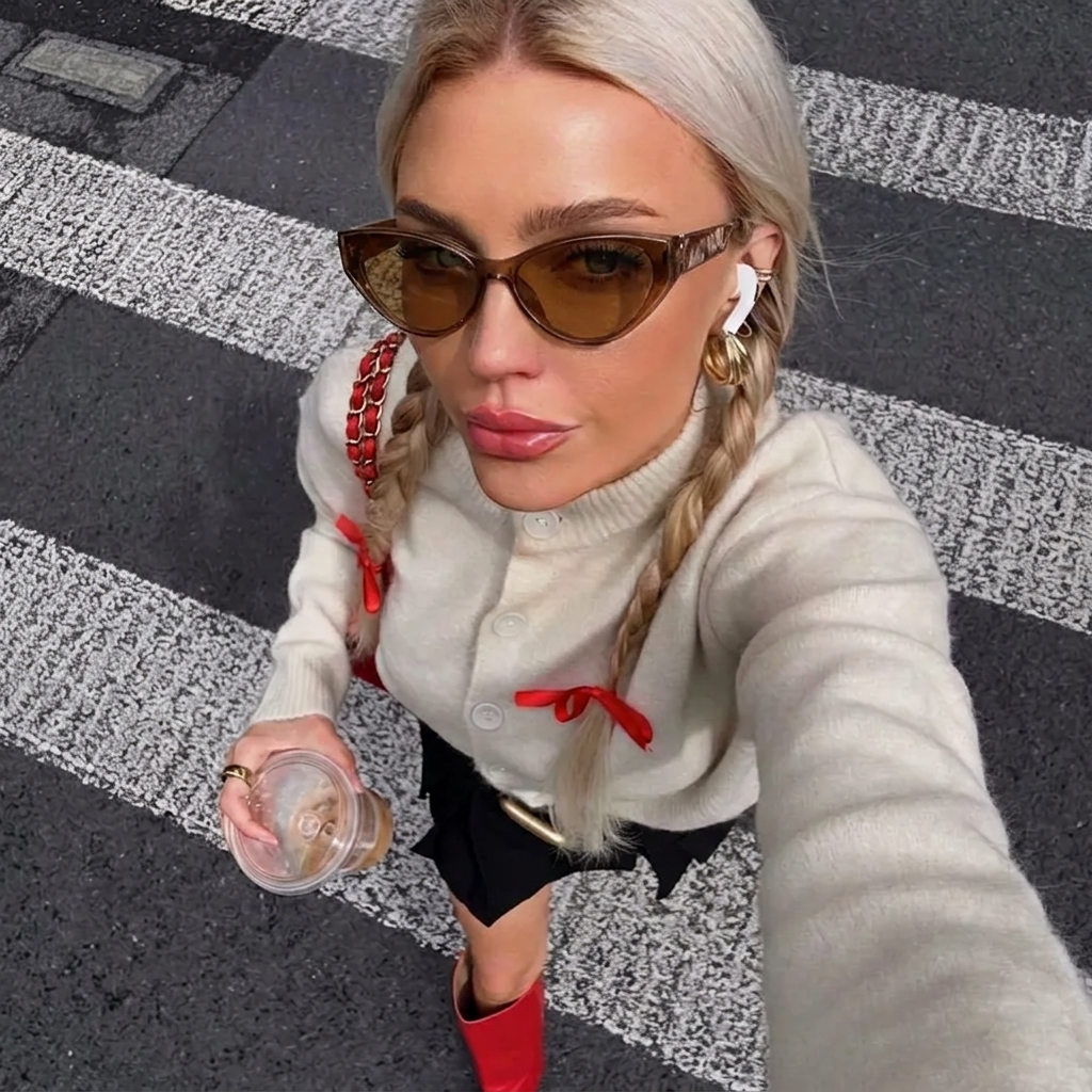Lyra amber brown cat-eye sunglasses on model