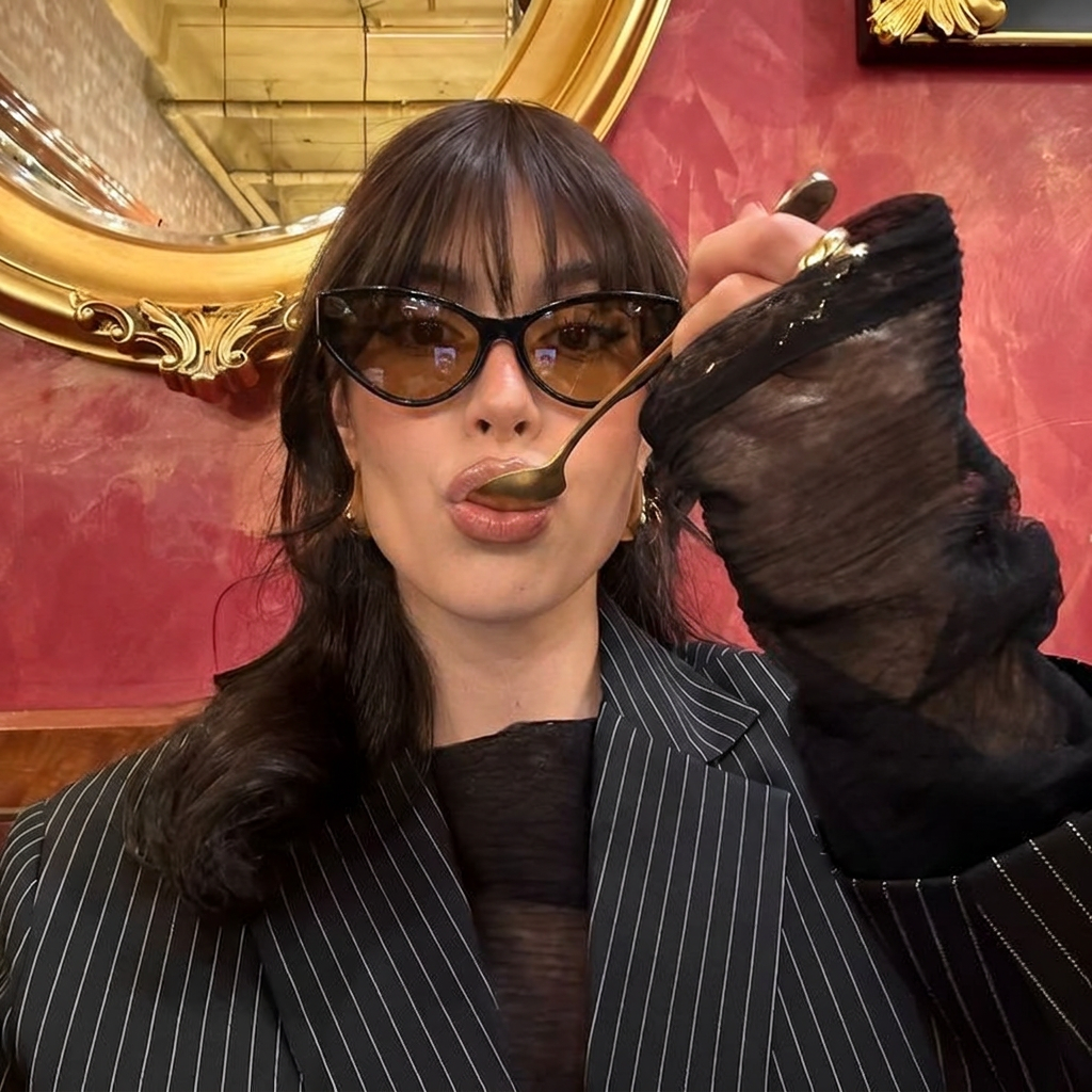 Lyra black brown cat-eye sunglasses on model