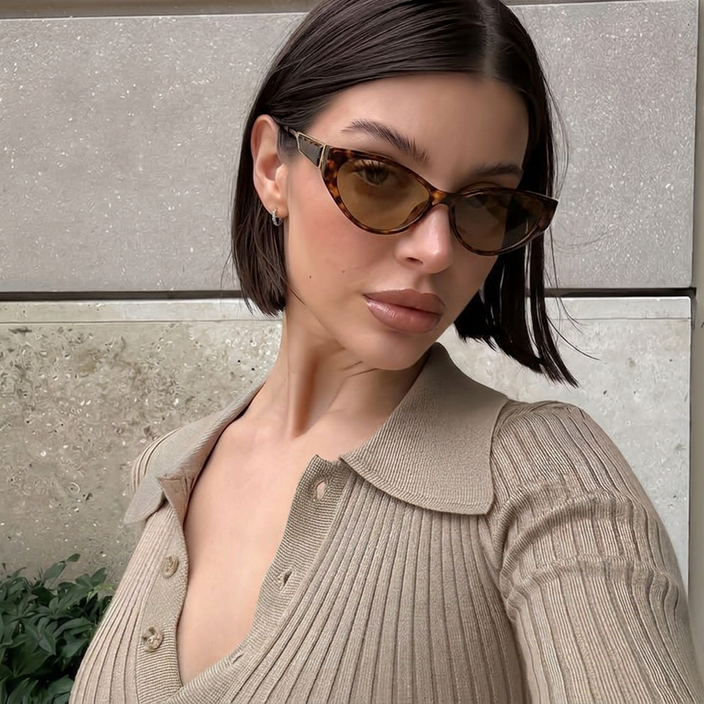 Lyra tortoise smoke blue cat-eye sunglasses on model