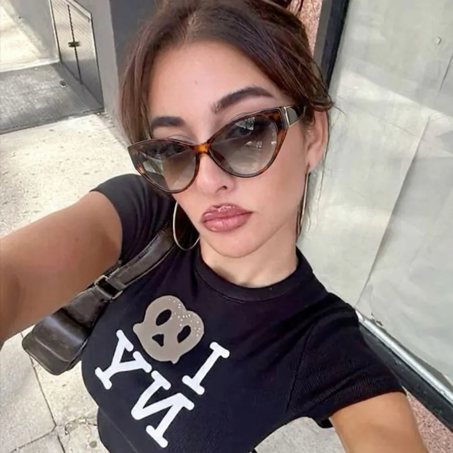 Lyra transparent brown cat-eye sunglasses on model