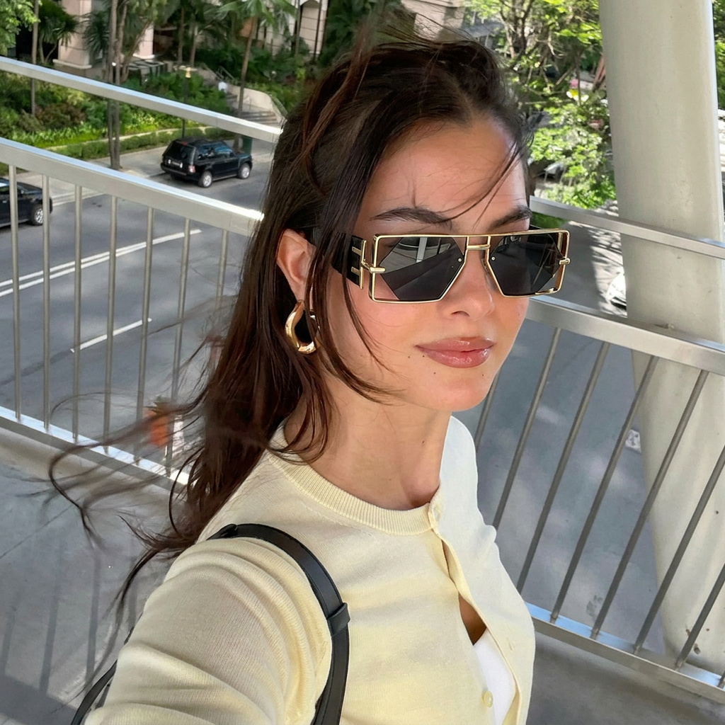 Marina Gold Green hexagon sunglasses lifestyle view
