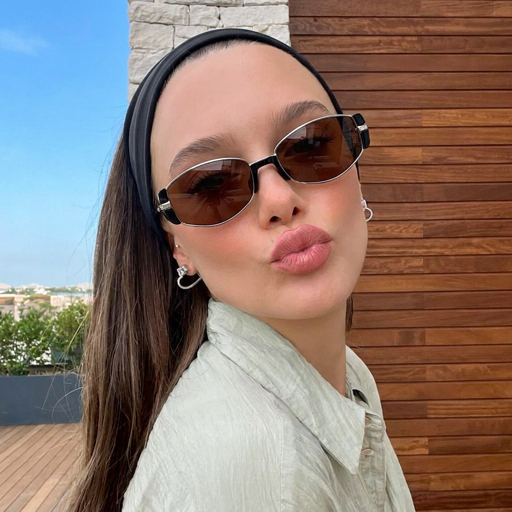 Iris silver metal frame eyewear with clear lenses worn by a model