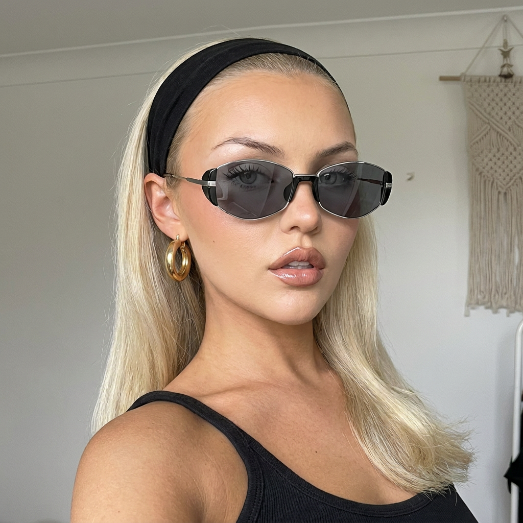 Iris silver metal frame sunglasses with smoke lenses worn by a model