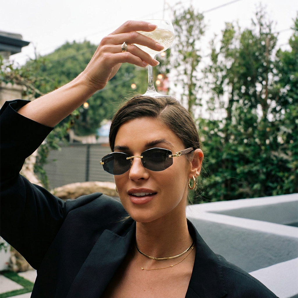 Obsidian Gold Black Smoke rimless polygon sunglasses on model