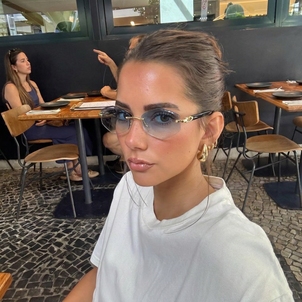 Obsidian Gold Blue Gradient rimless polygon sunglasses on model