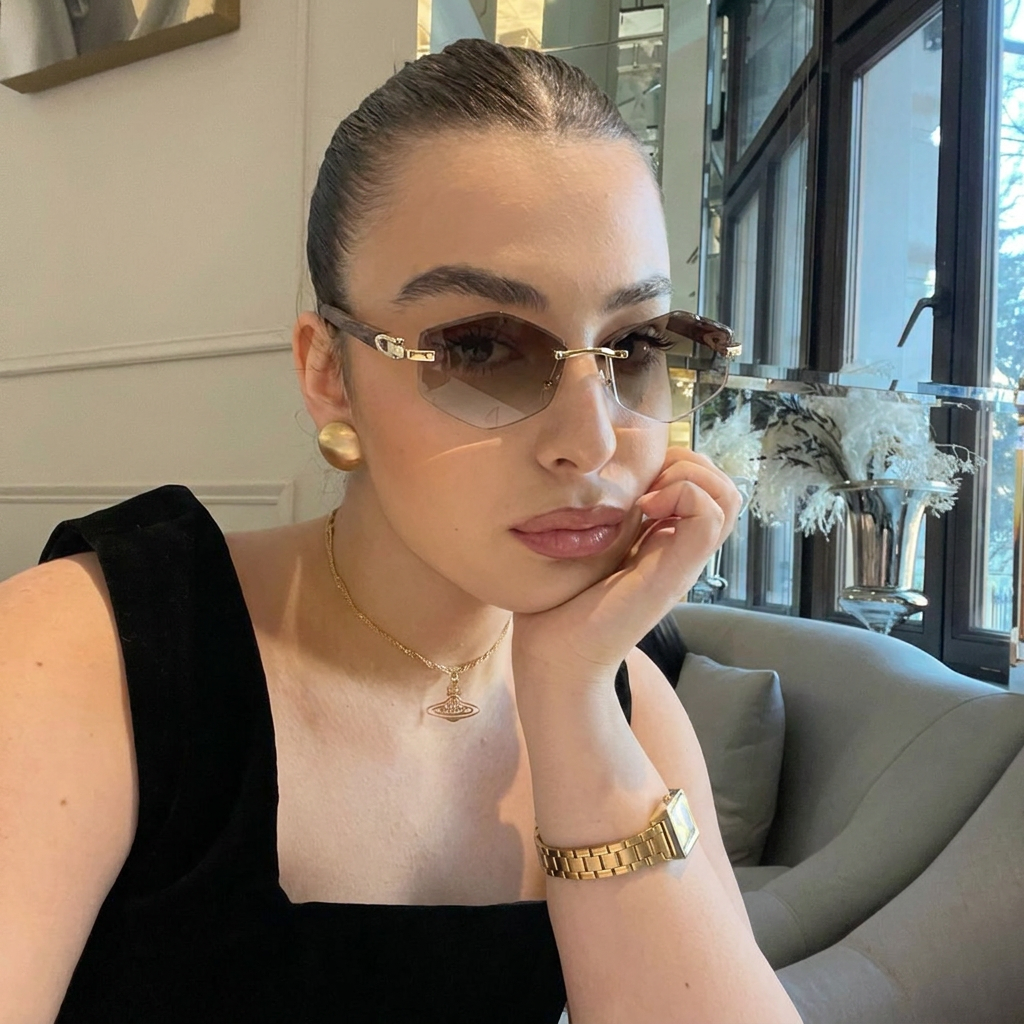 Obsidian Gold Brown Gradient rimless polygon sunglasses on model