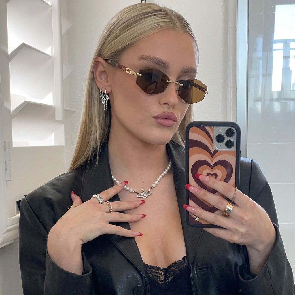 Obsidian Gold Brown rimless polygon sunglasses on model