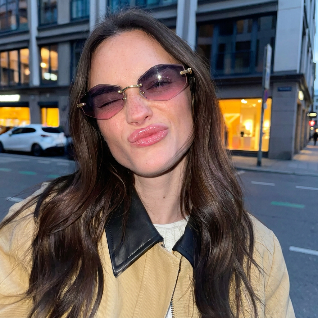 Obsidian Gold Pink Gradient rimless polygon sunglasses on model