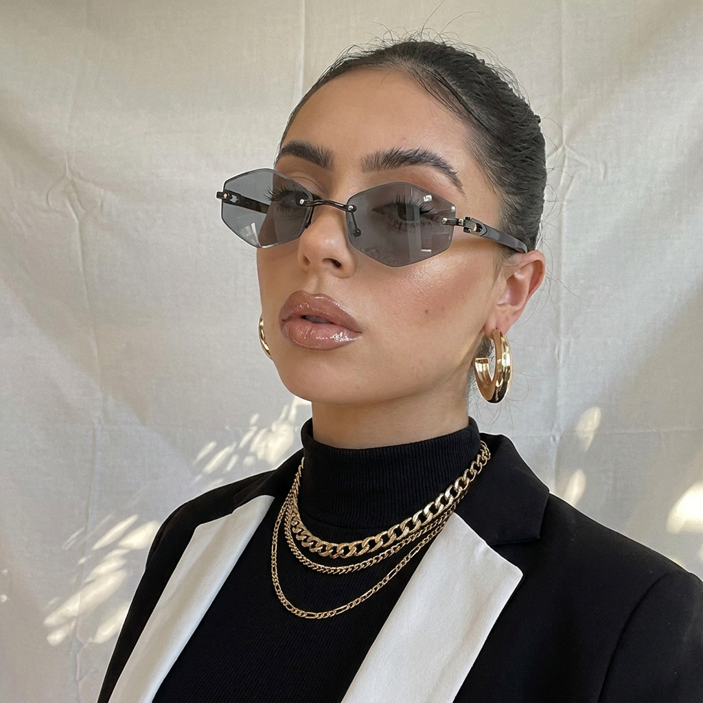 Obsidian Gunmetal Black Smoke rimless polygon sunglasses on model