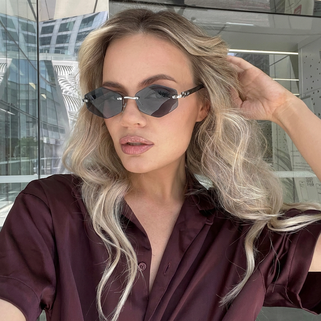 Obsidian Silver Black Smoke rimless polygon sunglasses on model