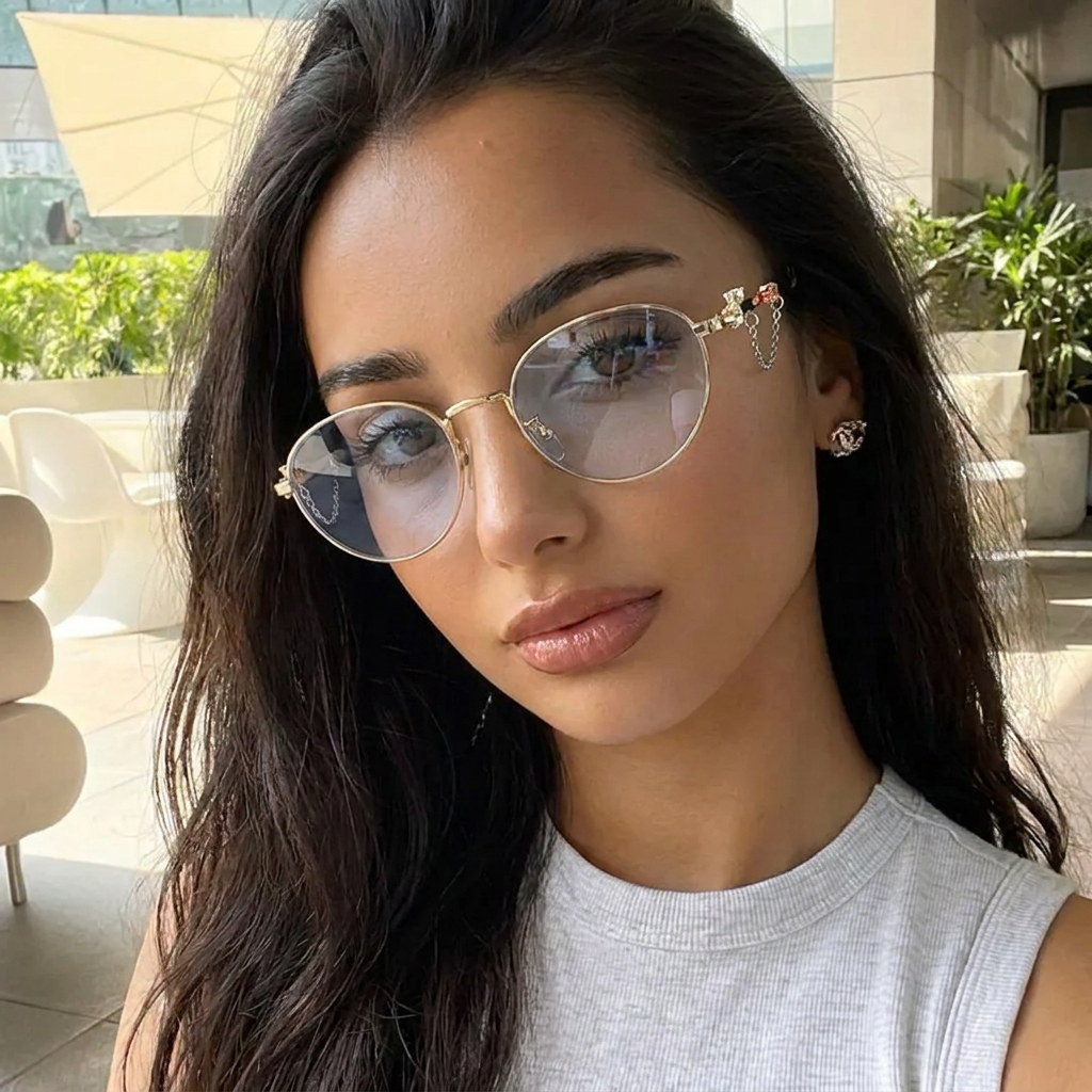 Orion Gold Clear round metal sunglasses on model
