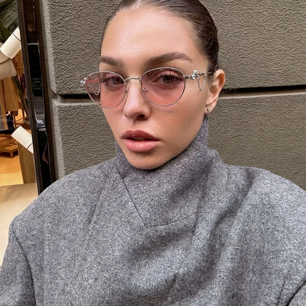 Orion Silver Pink round metal sunglasses on model