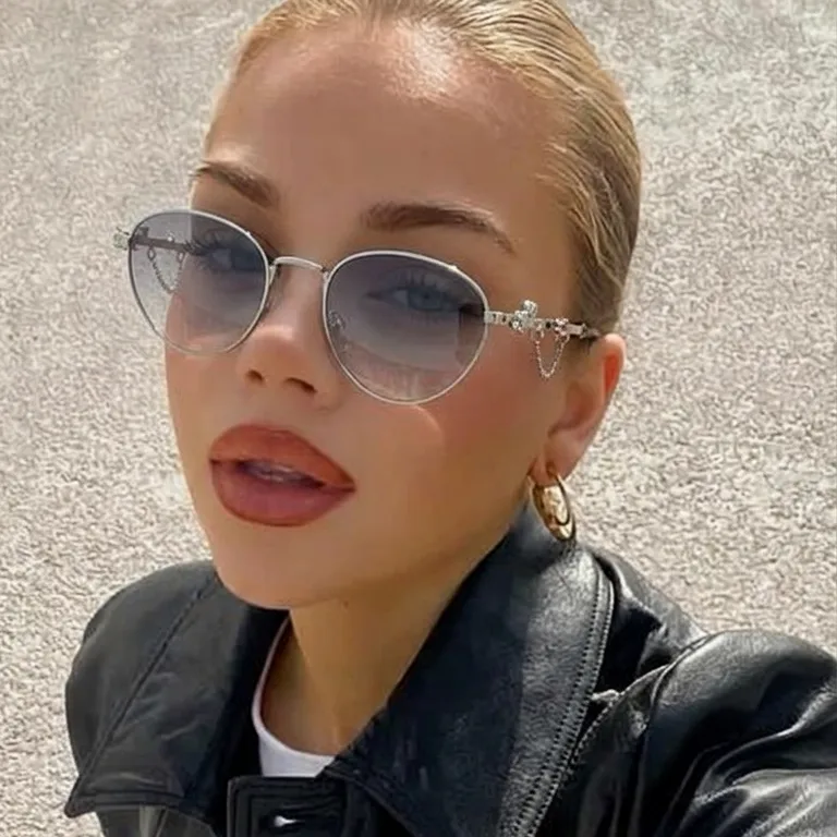 Orion Silver Lavender round metal sunglasses on model