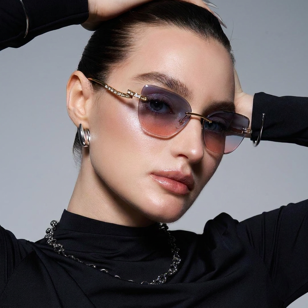 Pelican Gold Blue Pink Gradient rimless cat-eye sunglasses on model