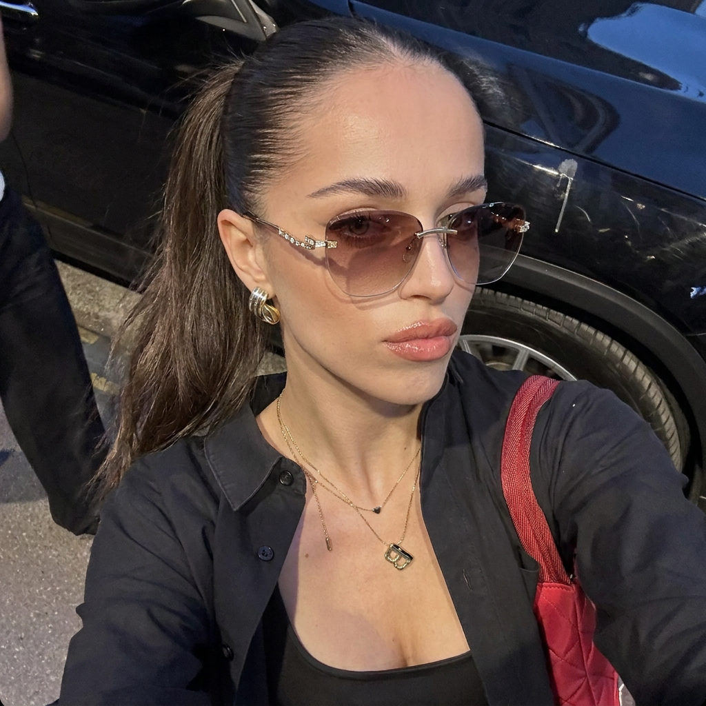 Pelican Gold Brown Gradient rimless cat-eye sunglasses on model