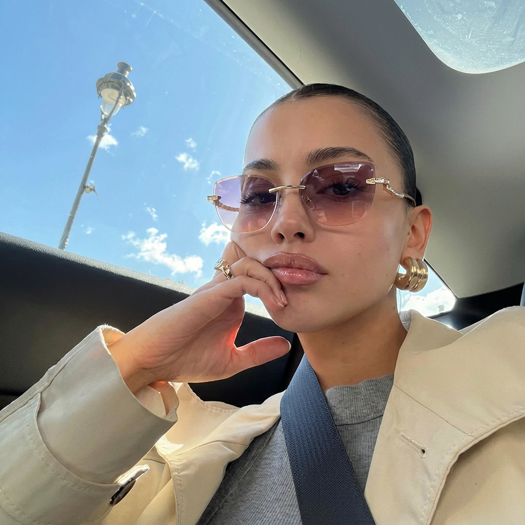 Pelican Gold Rose Gradient rimless cat-eye sunglasses on model