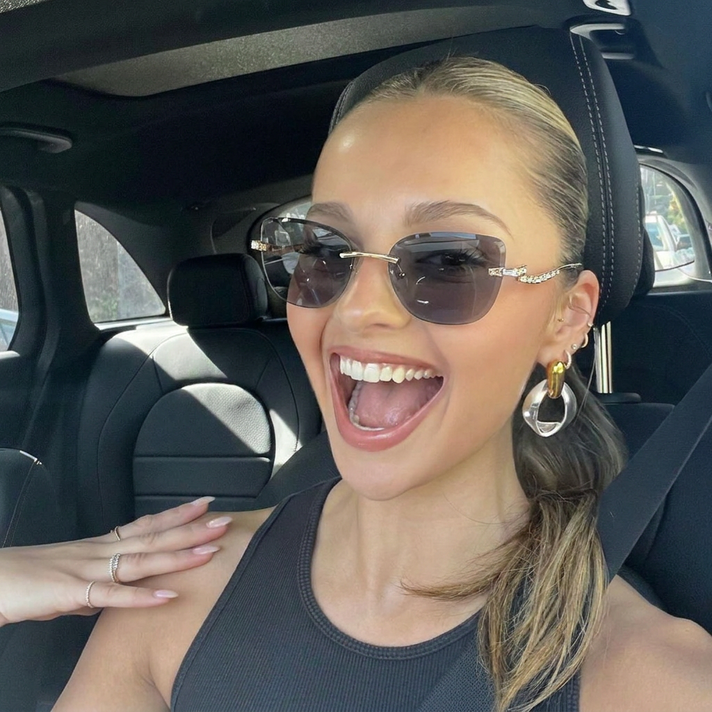 Pelican Gold Smoke rimless cat-eye sunglasses on model