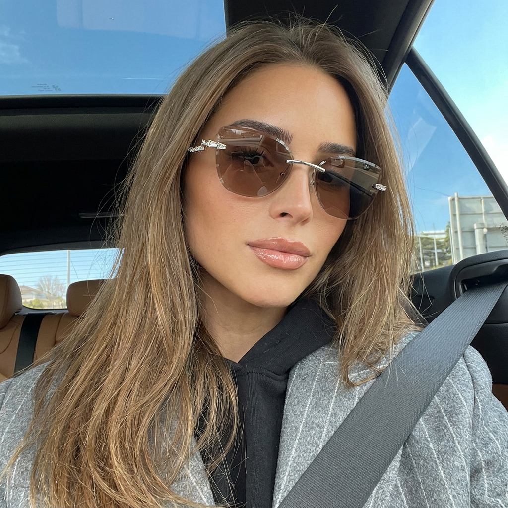 Pelican Silver Brown rimless cat-eye sunglasses on model