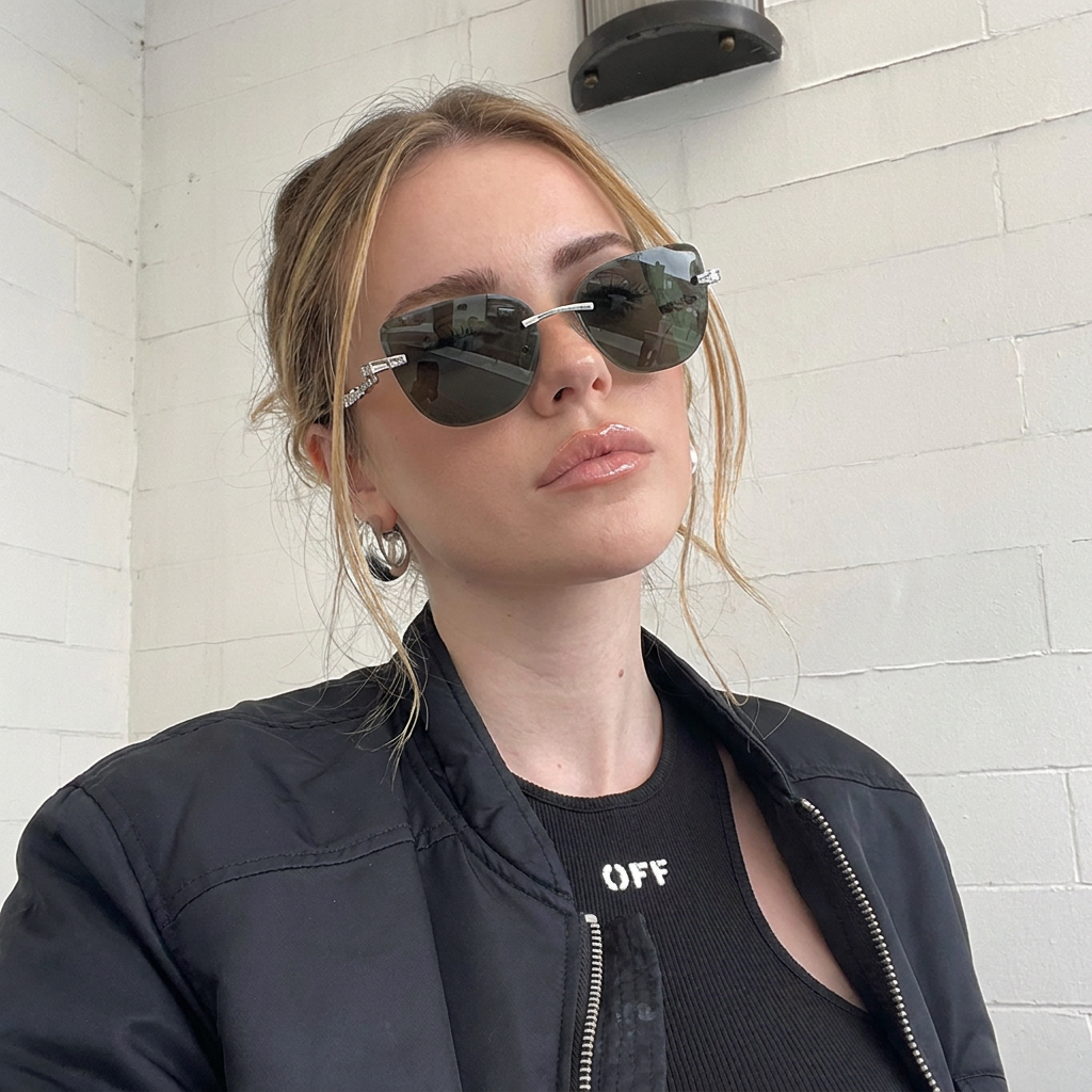 Pelican Silver Mint rimless cat-eye sunglasses on model