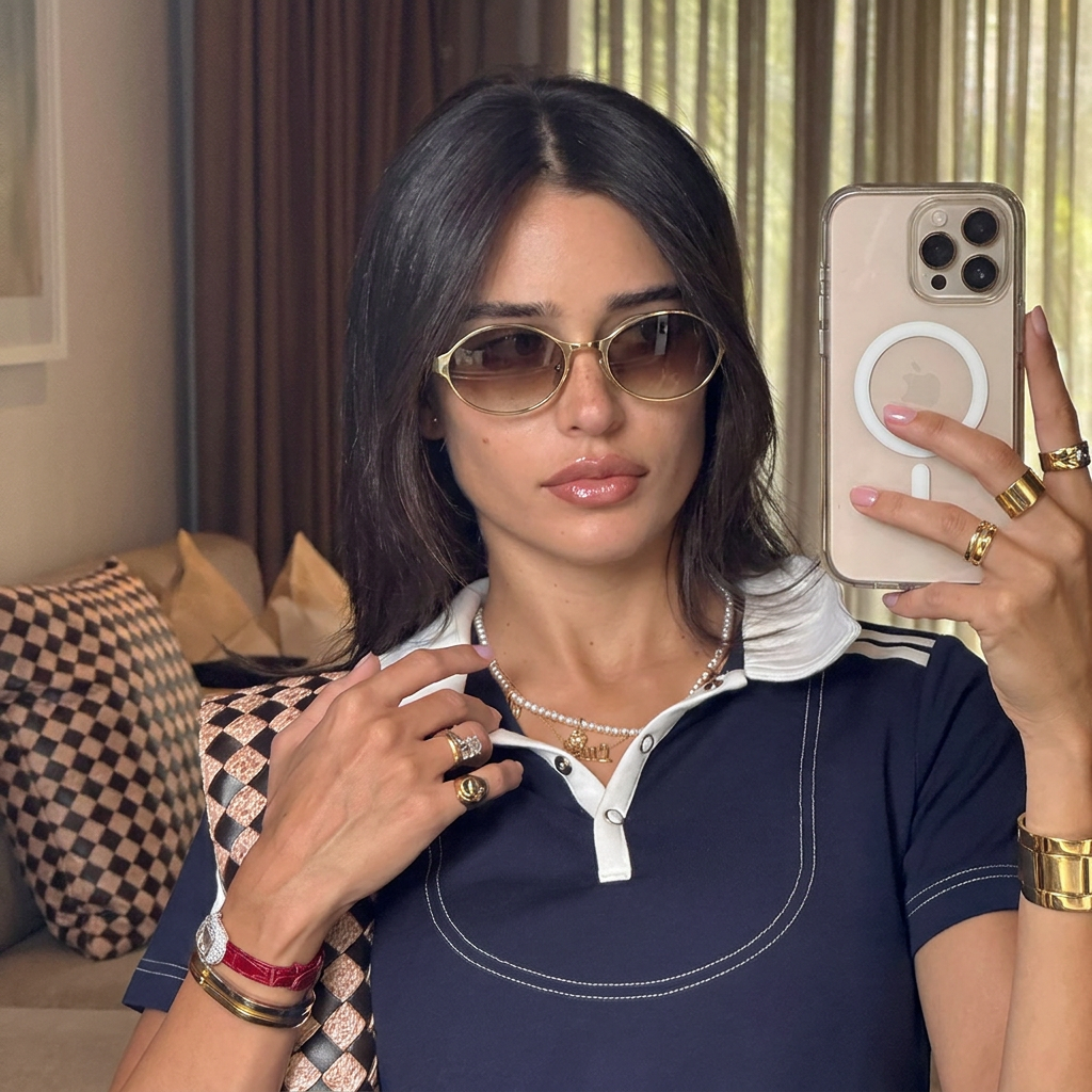 Presto Gold Brown oval sunglasses on model