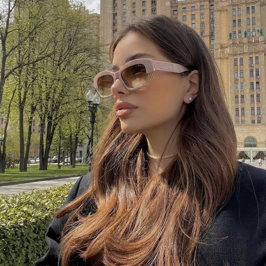 Prism Blush Gradient geometric square sunglasses on model