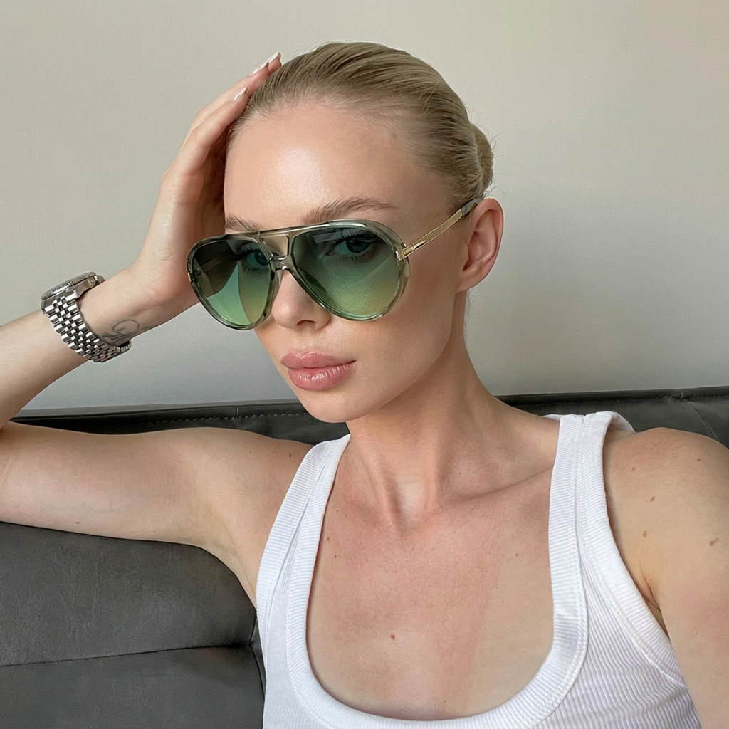 Reef Clear Green Gold aviator sunglasses on model