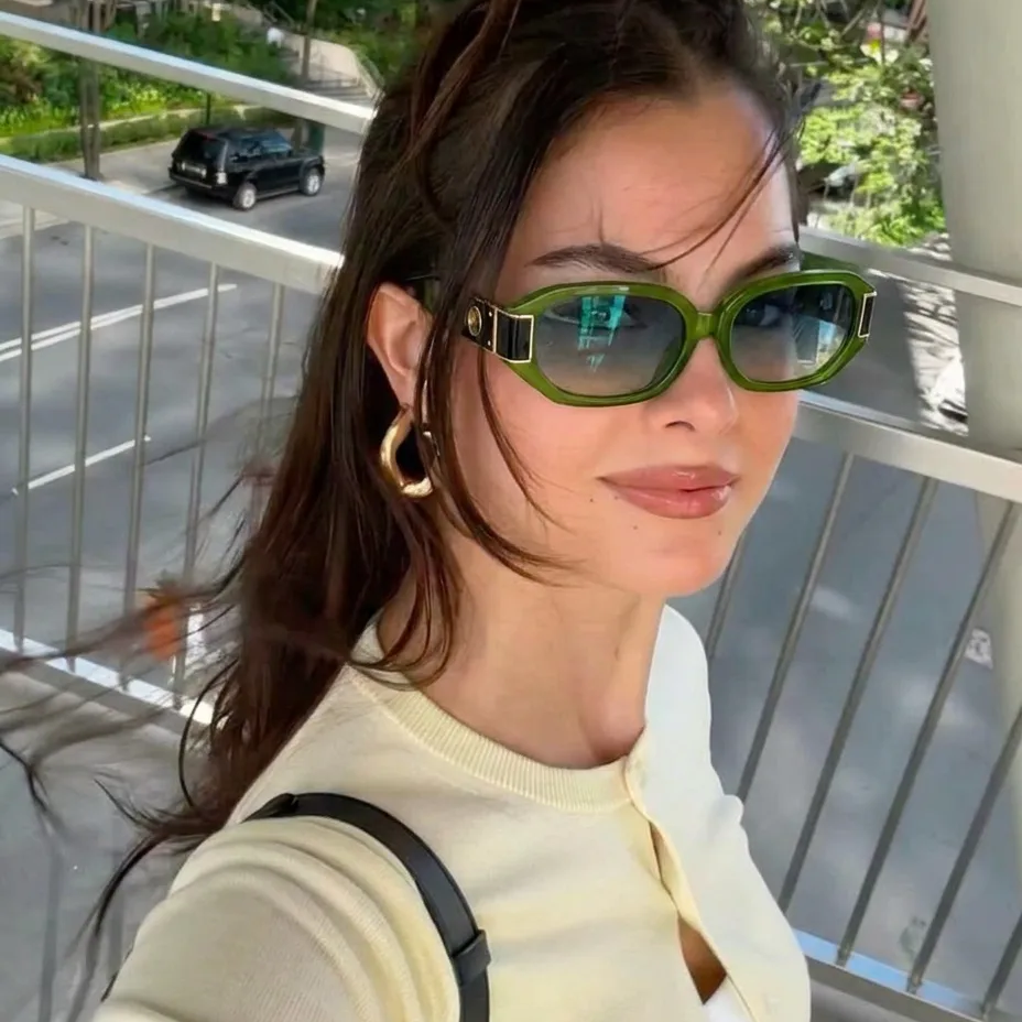 Stellar Green Blue hexagon sunglasses on model