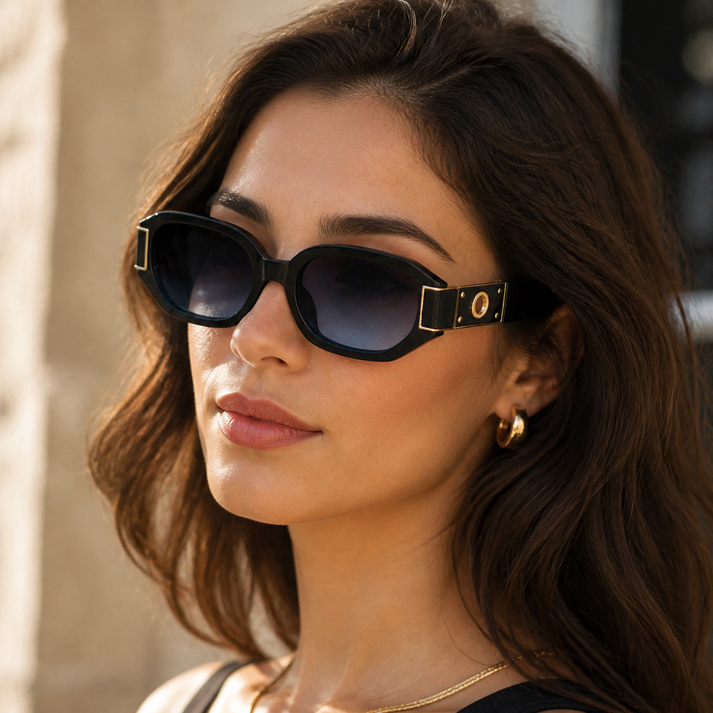Stellar Black Blue Gradient hexagon sunglasses on model