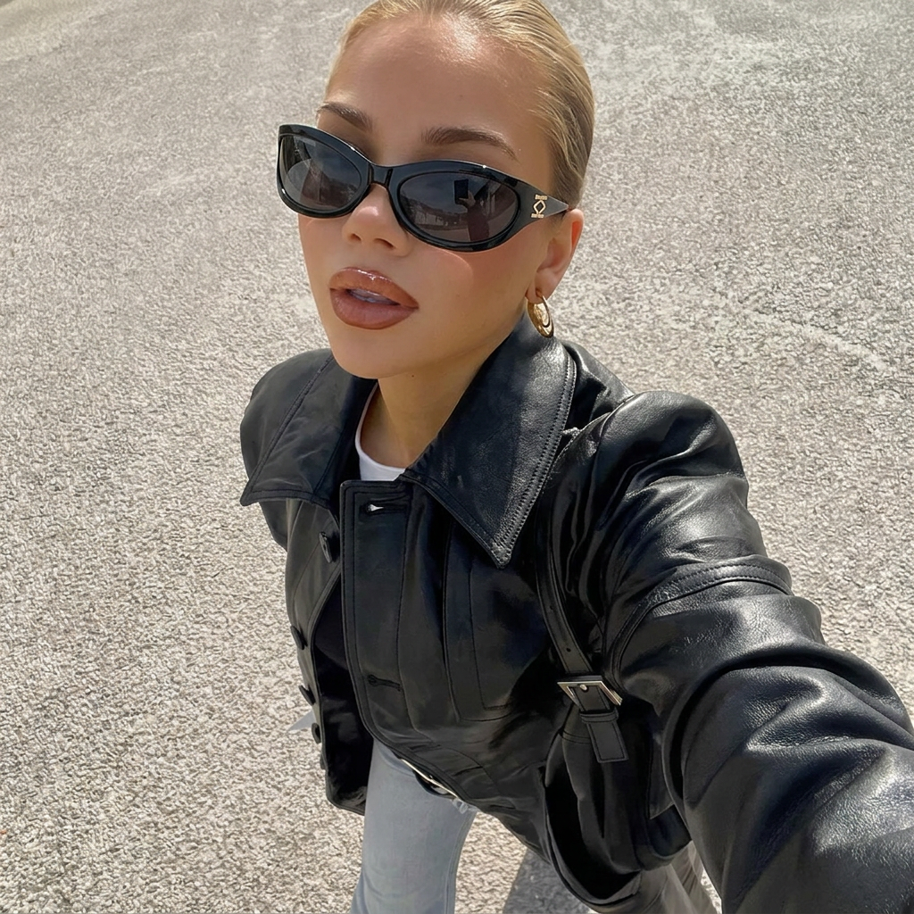 Sterling Black Blue cat-eye sunglasses on model